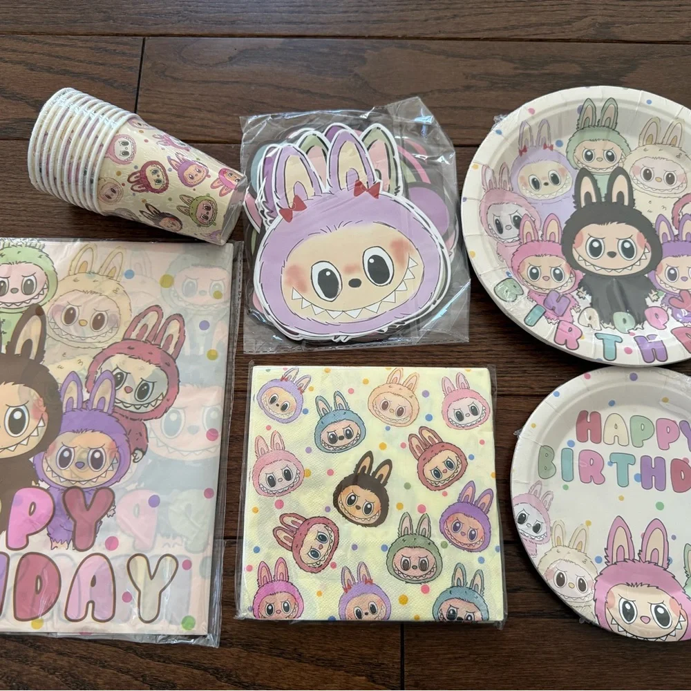 Labubu Cute Characters Happy Birthday Party Tableware Set - Pastel Multicolor